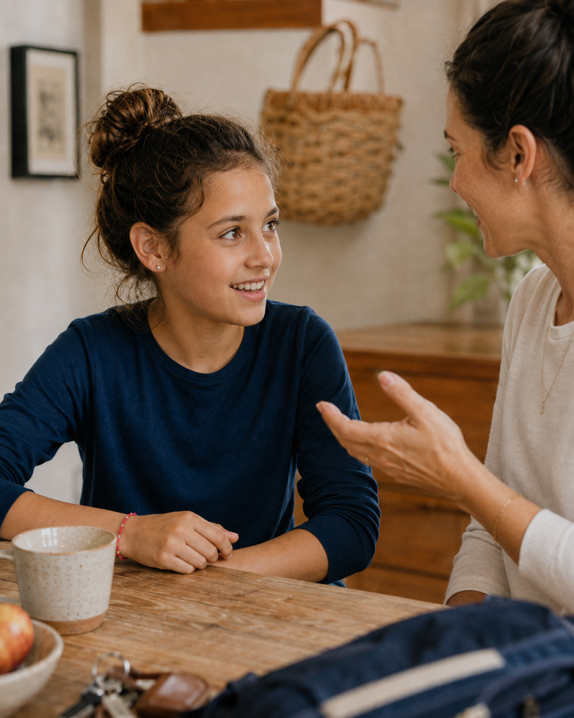 A young girl and an older woman are sitting across from each other at a wooden table, engaged in a lively conversation indoors. The girl has brown hair in a bun, is wearing a navy blue shirt, and is smiling. The woman has dark hair pulled back, is wearing a light-colored sweater, and is gesturing as she talks.