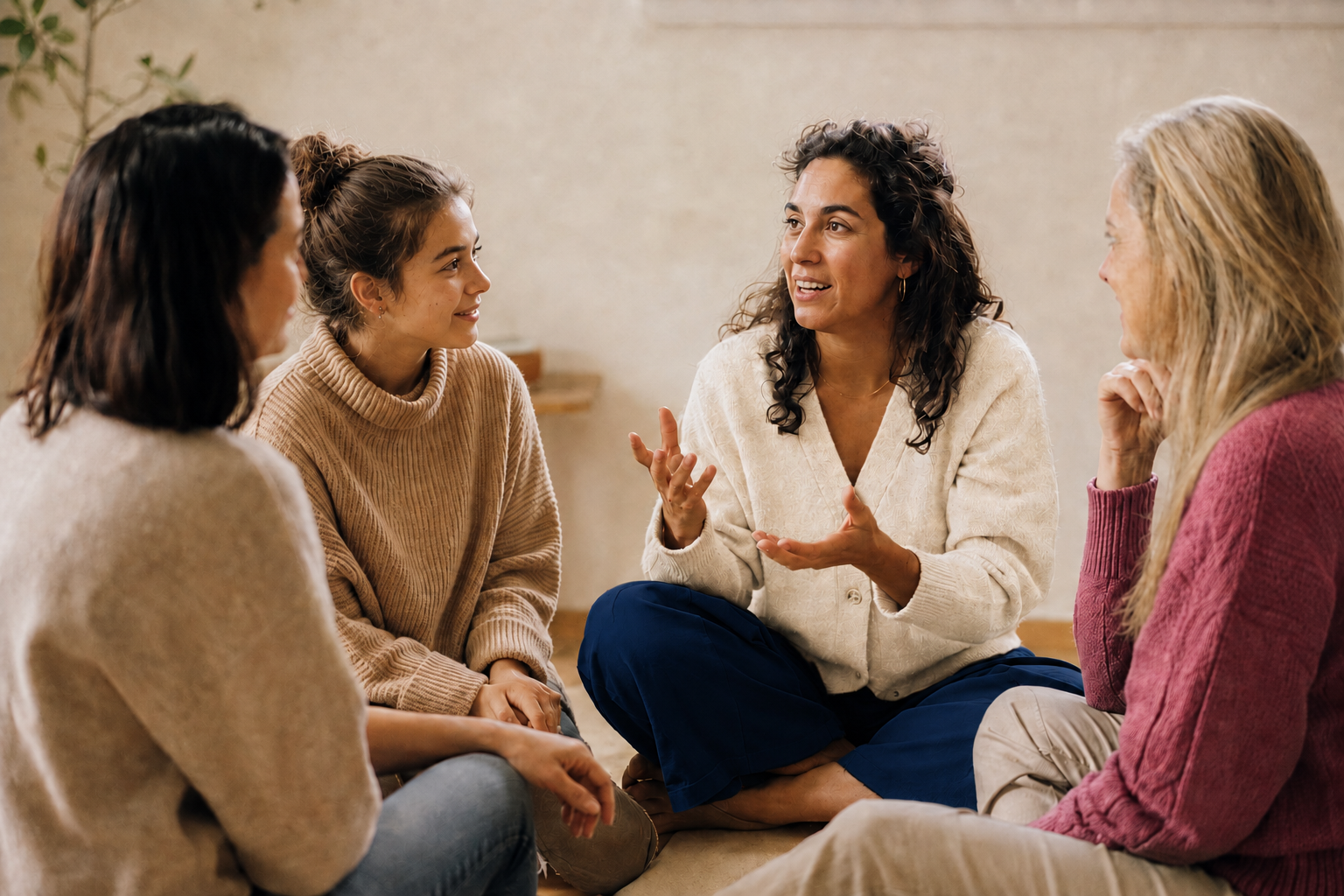 Four women sitting on the floor in a circle, engaging in a friendly conversation