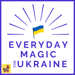 Everyday Magic for Ukraine Podcast logo with a Ukrainian flag and purple sparks