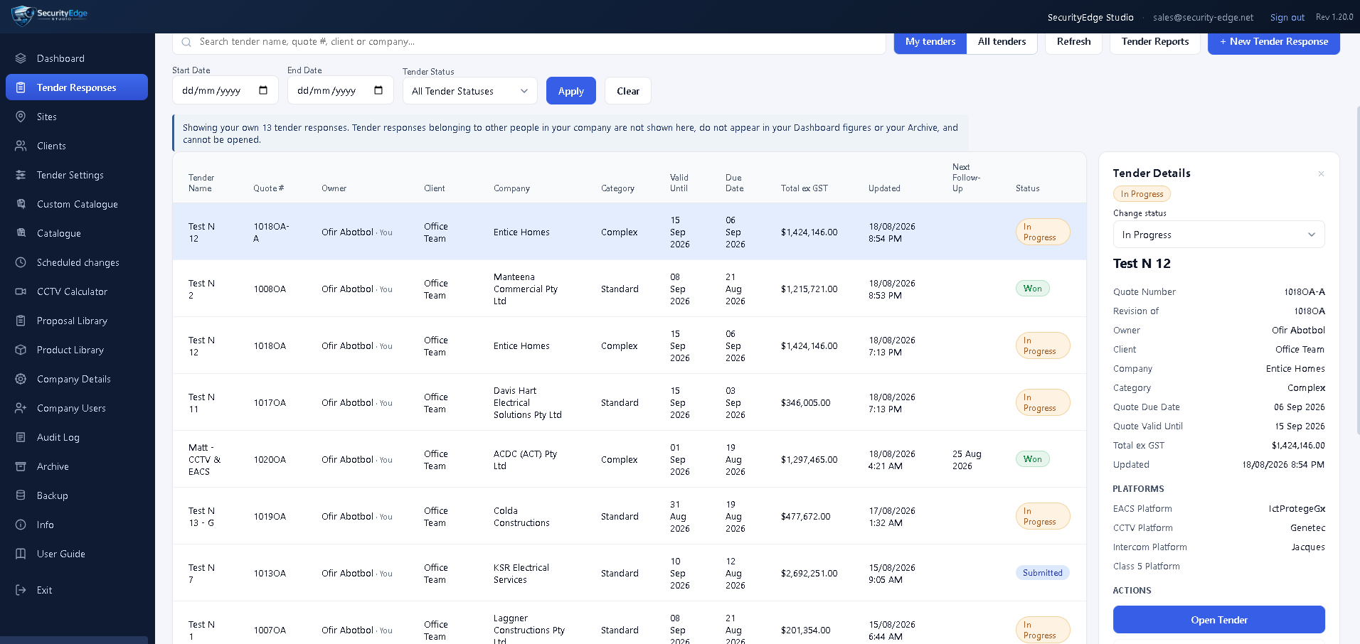 Screenshot of a Tender Response management software dashboard showing a list of tender responses with details such as quote number, owner, client, company, category, due date, total amount, update time, and status. The interface includes navigation menu on the left and action buttons at the top.