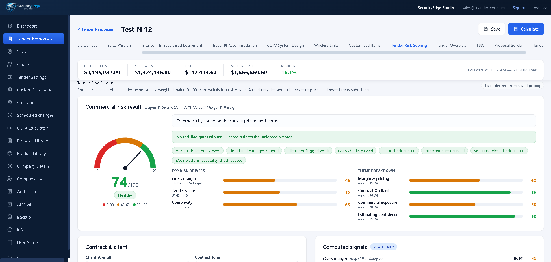 Screenshot of a project management dashboard displaying tender responses, project cost, vendor risk scoring, and risk drivers in a web-based application.