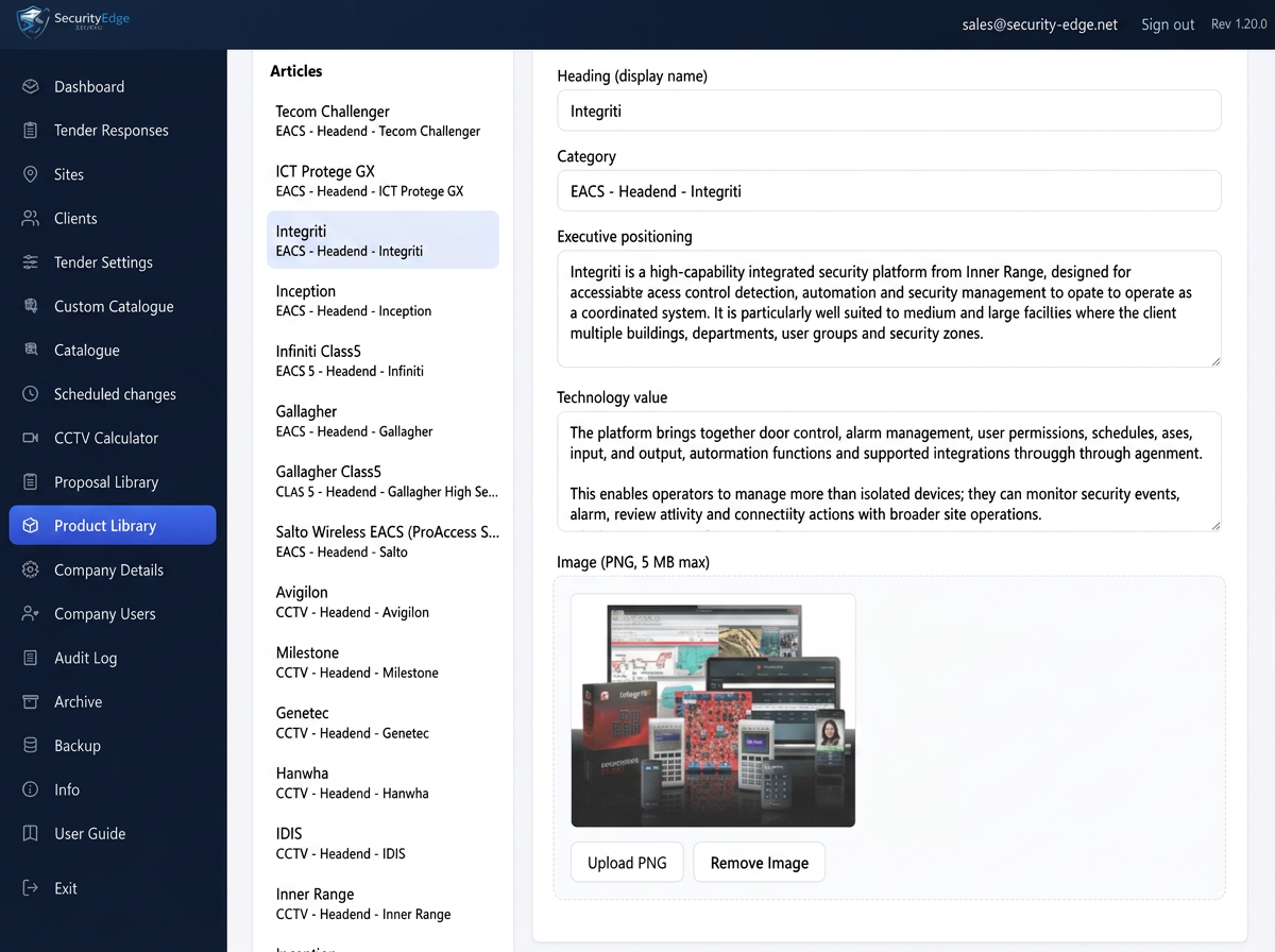 Screenshot of a product management web interface showing details for an item named Integriti, including description, category, and technology value, with an image of various security devices such as access control panels and keypads.