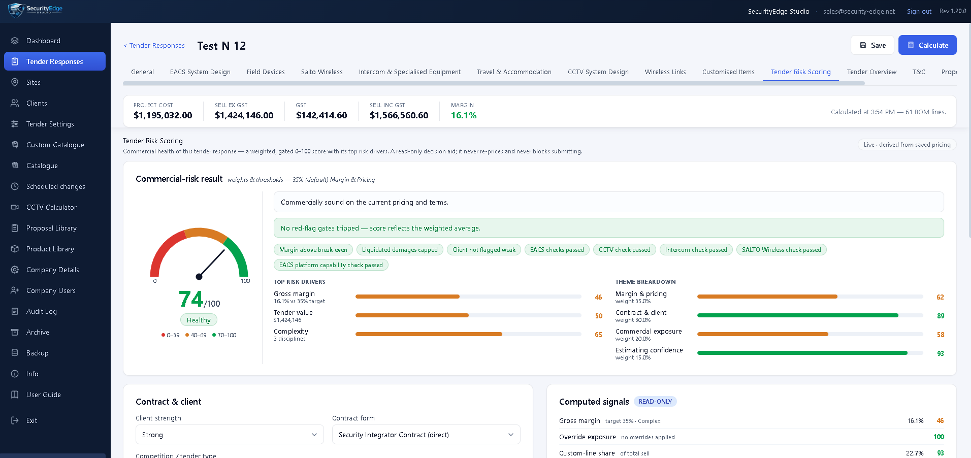 Screenshot of a software dashboard titled 'Tender Responses' with various tabs, financial figures, and an assessment section including a gauge showing a score of 74 out of 100 labeled 'Healthy'.