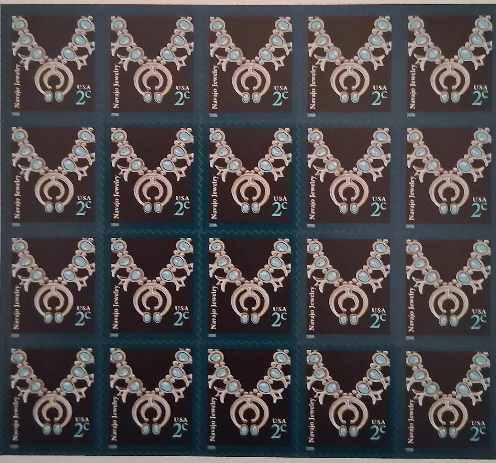 Sheet of ten 2-cent USA postage stamps featuring a stylized necklace with light blue gemstones, the text 'Necklace Jewelry' on the left side.