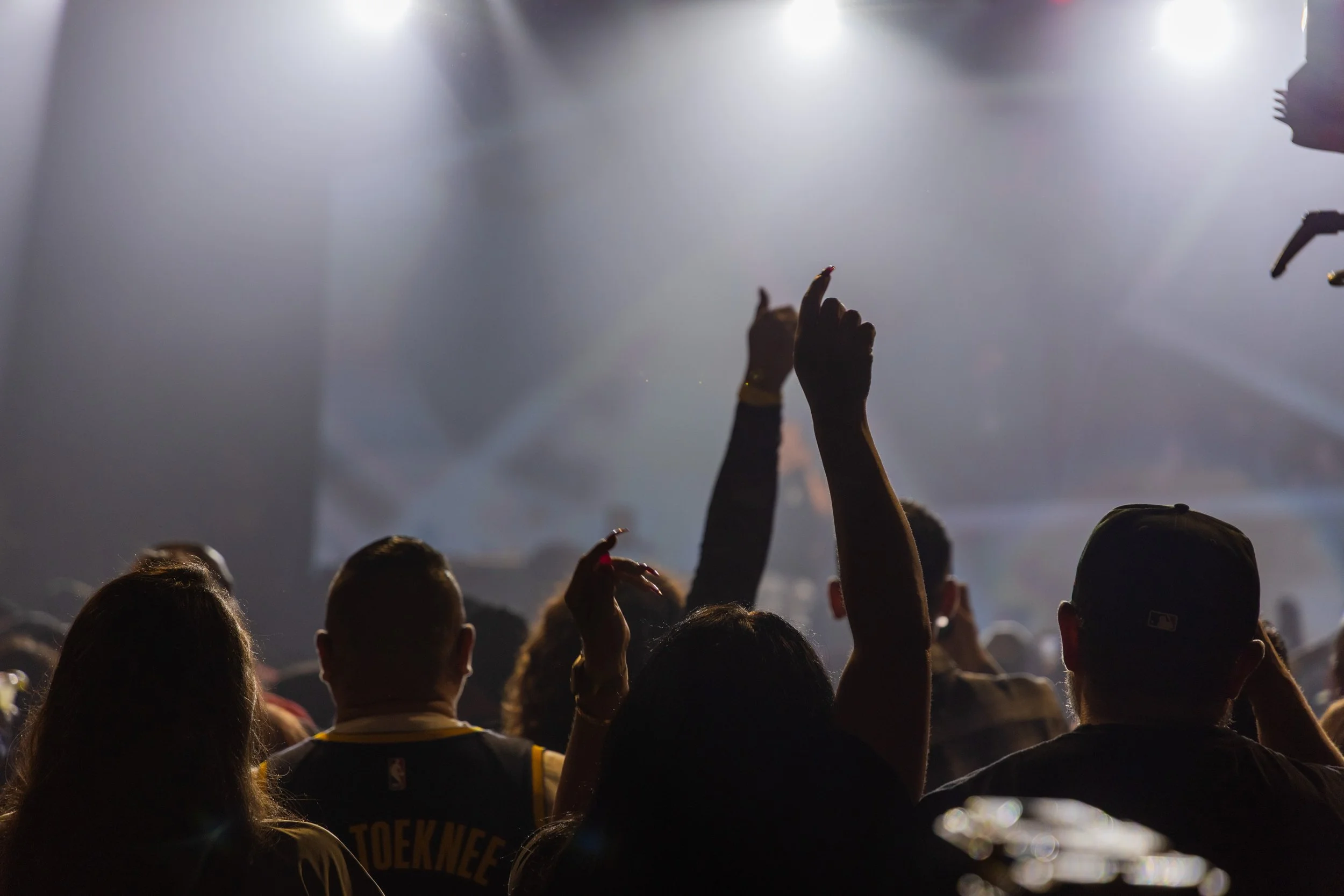 A crowd at a concert or event with hands raised, silhouette of people, stage lighting creating a hazy atmosphere.