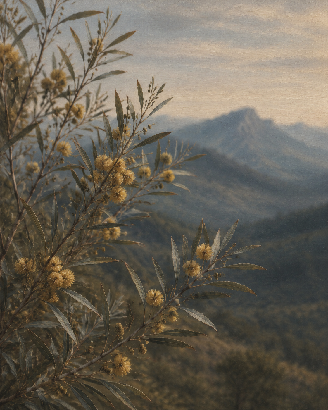 Brigalow flowers and foliage against the Bunya Mountains