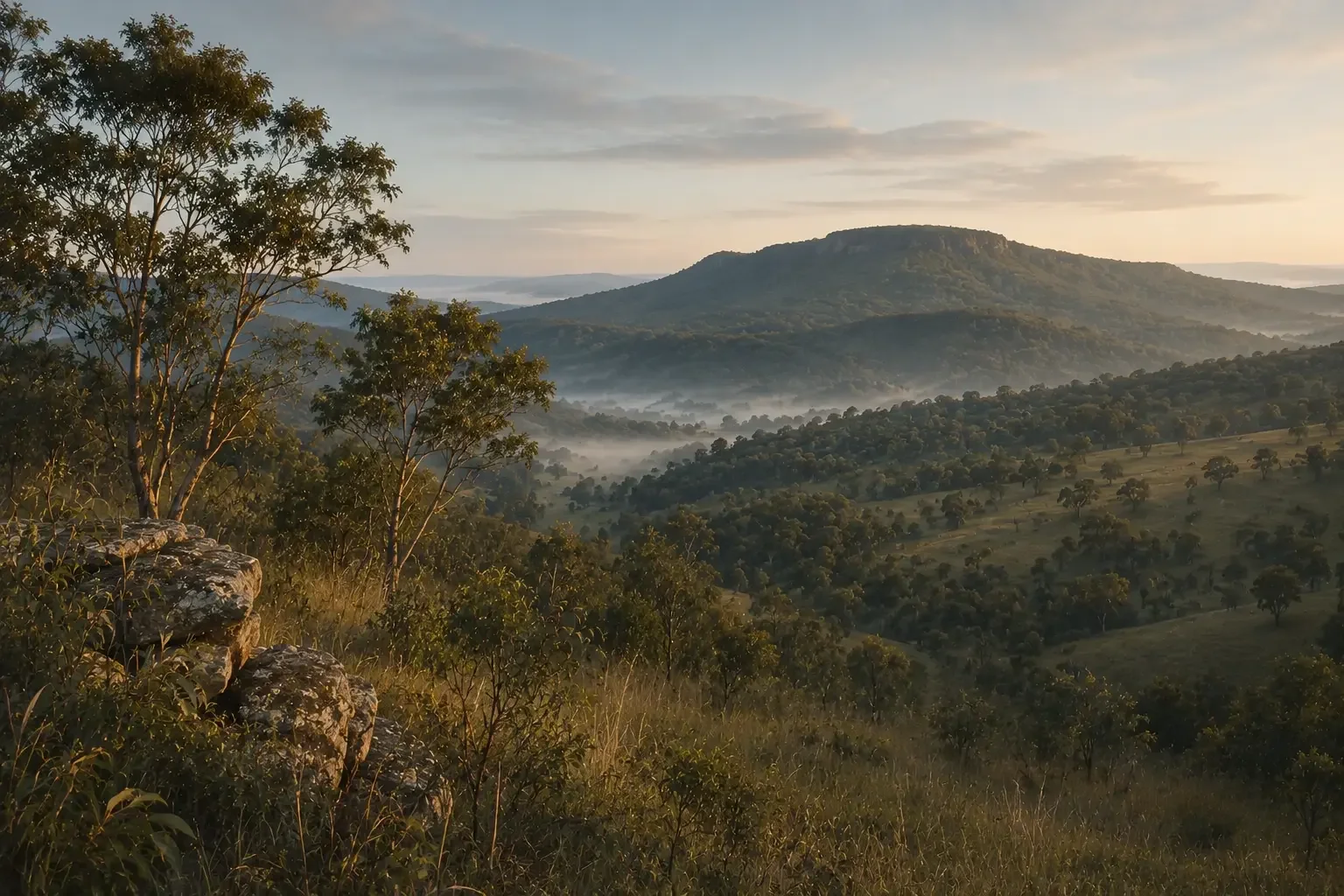 The Bunya Mountains beyond layered Darling Downs foothills in warm morning light