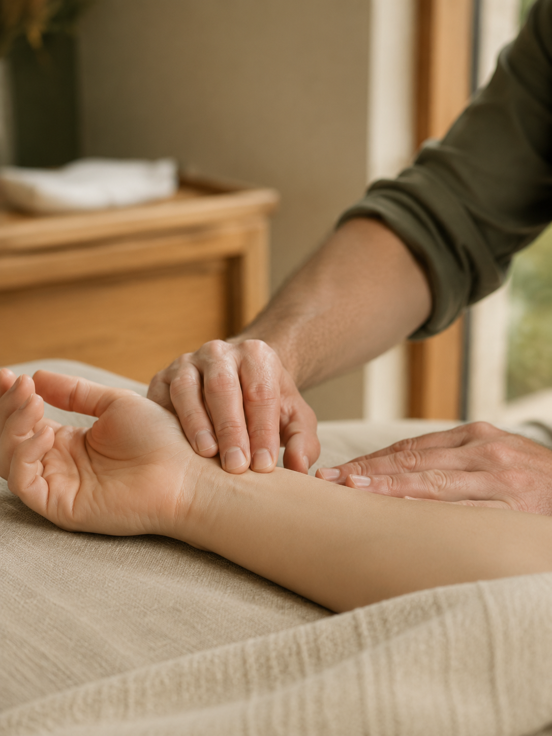 A clinician taking a patient’s pulse during an individual acupuncture consultation