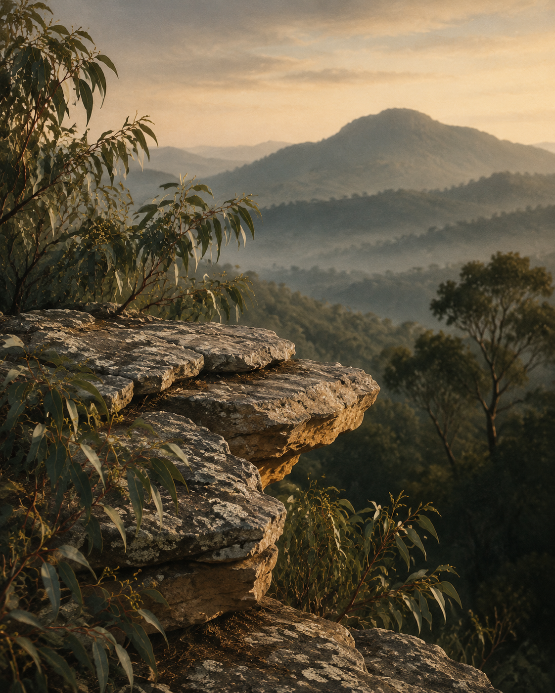 Weathered stone, eucalyptus and the Bunya Mountain landscape