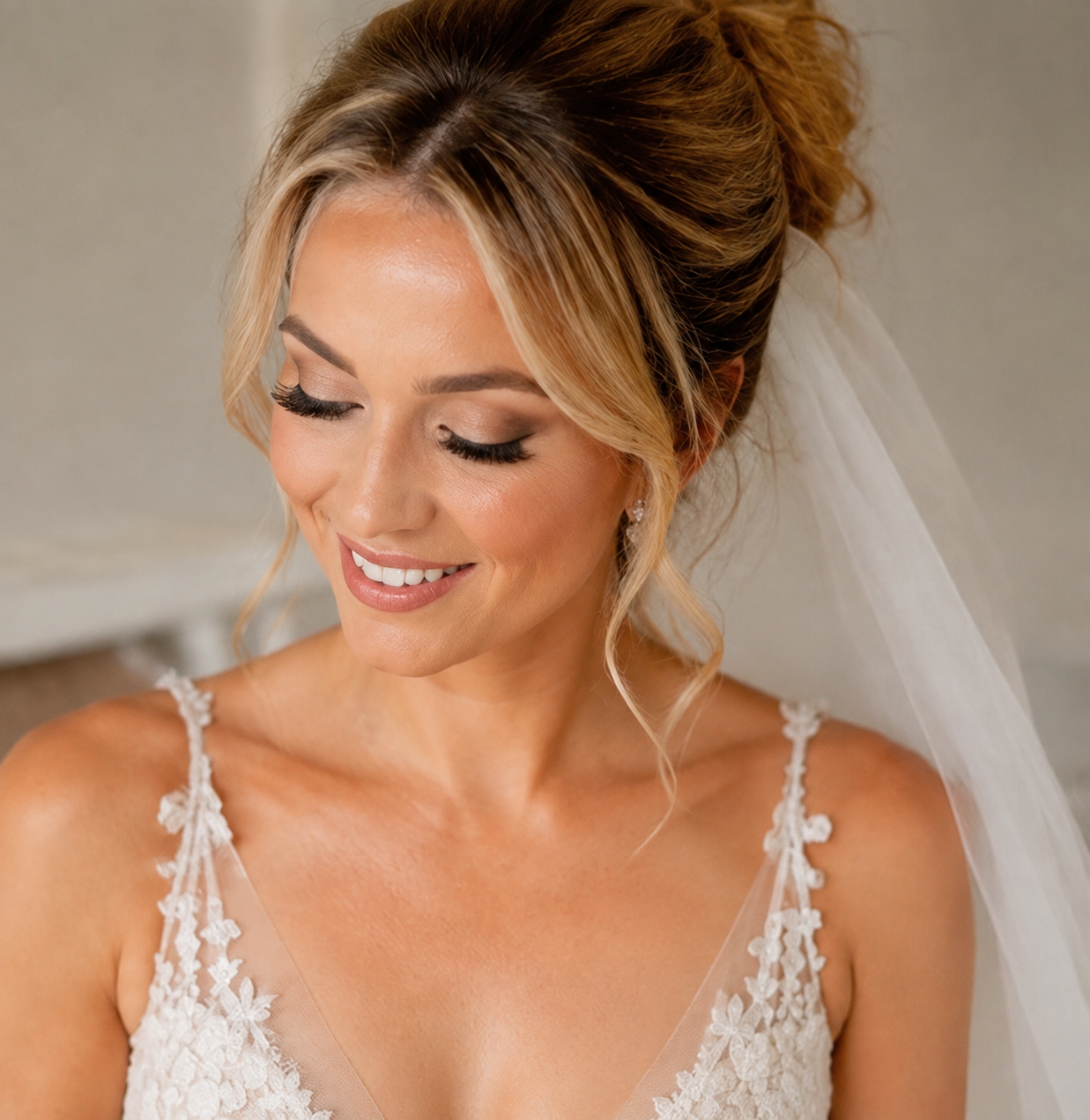 A smiling bride with blonde hair styled in loose curls, wearing a wedding dress with lace details on the straps, and a veil, looking down with closed eyes.