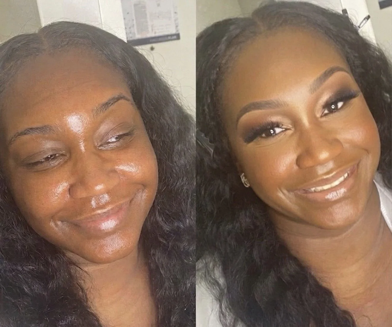 Side-by-side comparison of a woman before and after makeup application, showing a transformation from a natural look to a glamorous style with makeup, including eye makeup, foundation, and lipstick.
