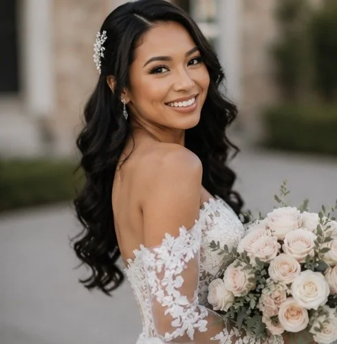Smiling woman in white lace off-shoulder dress with dark wavy hair holding a bouquet of pale pink roses, standing outdoors with blurred background.
