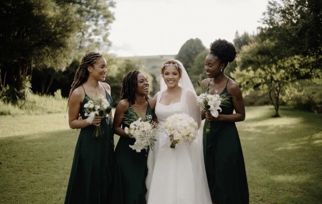 A bride in a white wedding dress with a veil and tiara, surrounded by four bridesmaids in dark green dresses, holding bouquets of white flowers, outdoors in a grassy area with trees and hills in the background.