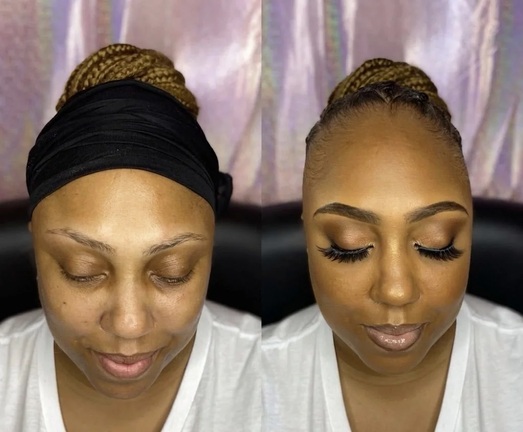Side-by-side photos of a woman before and after makeup application, with the woman wearing a black head covering in the before photo, and her hair styled with foundation, eyeshadow, eyeliner, false eyelashes, and lipstick in the after photo.