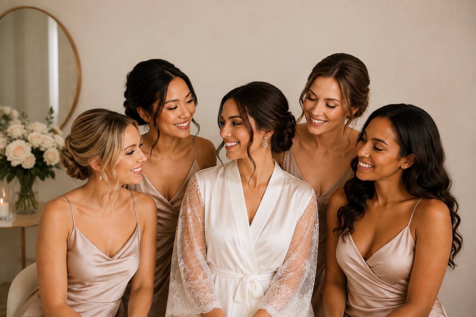 Bridal party with the bride and her bridesmaids in satin dresses, smiling and looking at each other.
