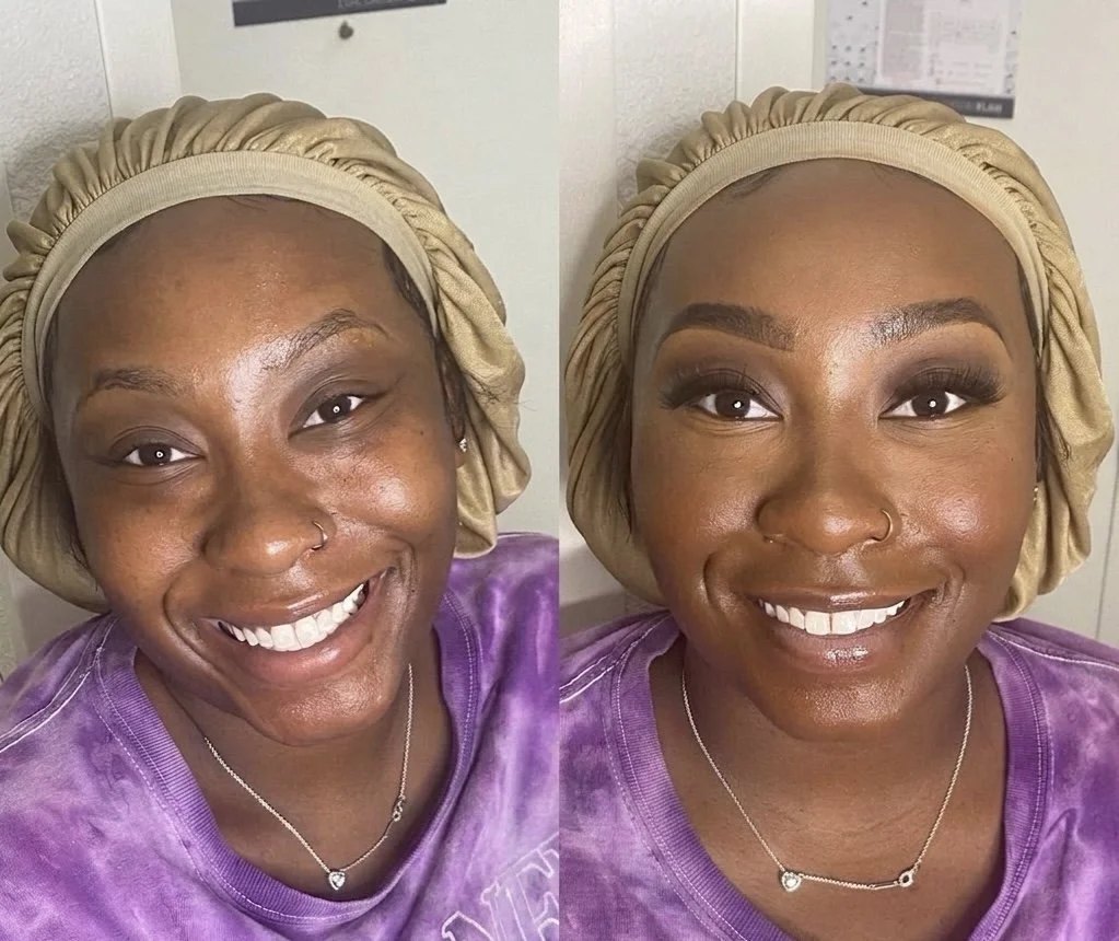 Side-by-side comparison of a woman before and after makeup application, wearing a beige satin bonnet and a purple tie-dye shirt, smiling in both images.