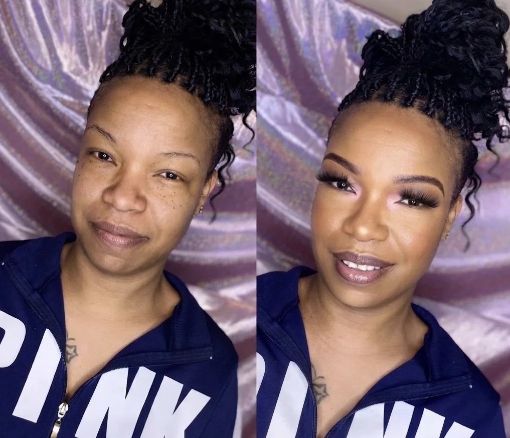 Comparison of a woman before and after makeup application. In the before photo, she has a natural face with freckles and no makeup. In the after photo, she is wearing makeup with styled eyebrows, eyeshadow, false eyelashes, foundation, and lipstick, 