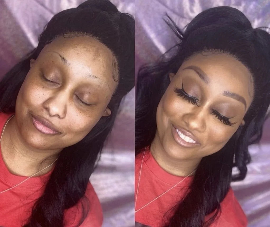 Comparison of a woman before and after makeup application, showing transformation from a natural look to a glamorous look with styled hair, makeup, and false eyelashes.