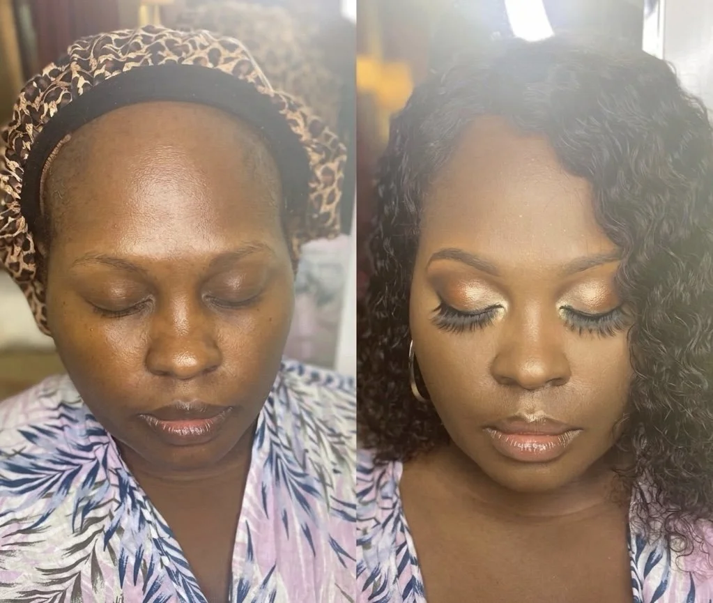 Side-by-side photos of a woman before and after makeup application. In the before photo, she is wearing a leopard-print hair bonnet and a patterned top. In the after photo, her face has been beautified with eye makeup, false eyelashes, and lipstick, 