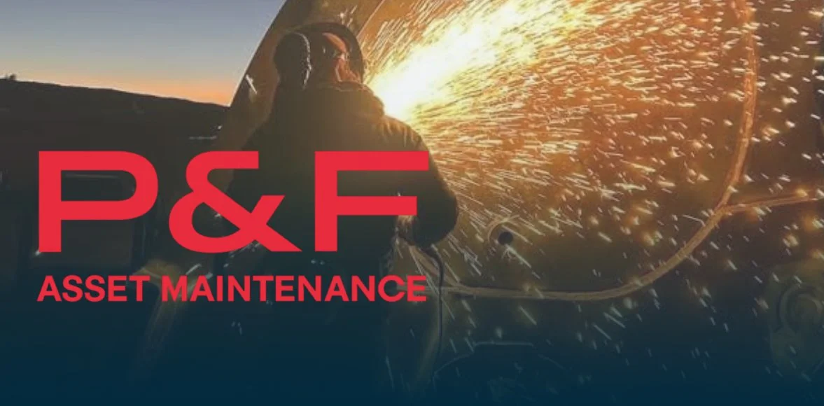 A worker from P&F Asset Maintenance in protective gear welding and cutting metal on an industrial site at sunset, with sparks flying, and the logo 'P&F Asset Maintenance' overlaid.