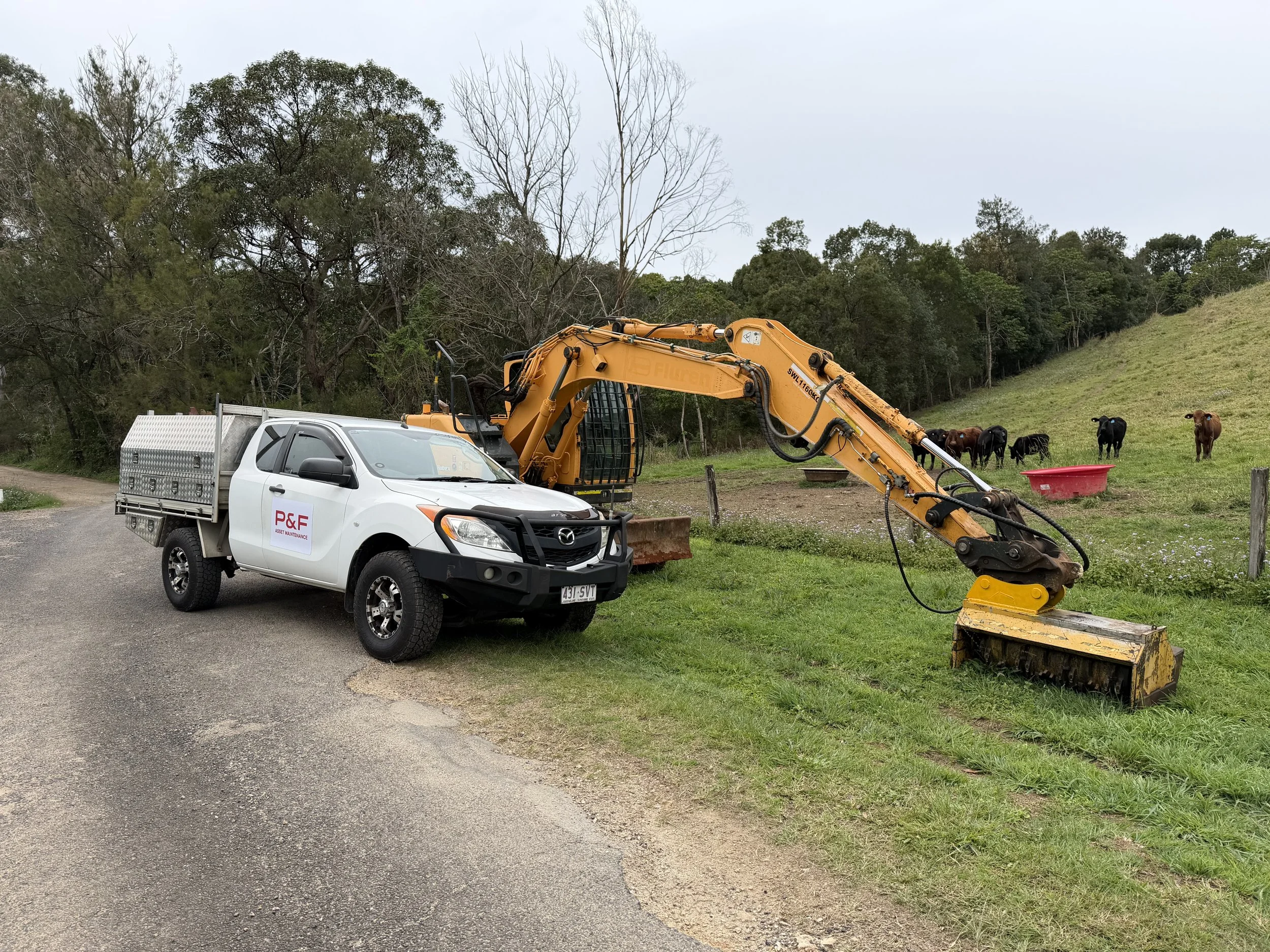 A white work truck with a yellow backhoe loader attachment parked on a grassy area near a dirt road. The vehicle has a P&F Asset Maintenance logo on it's door. In the background, there are cows on a hillside and trees, local Australian farmer's land.