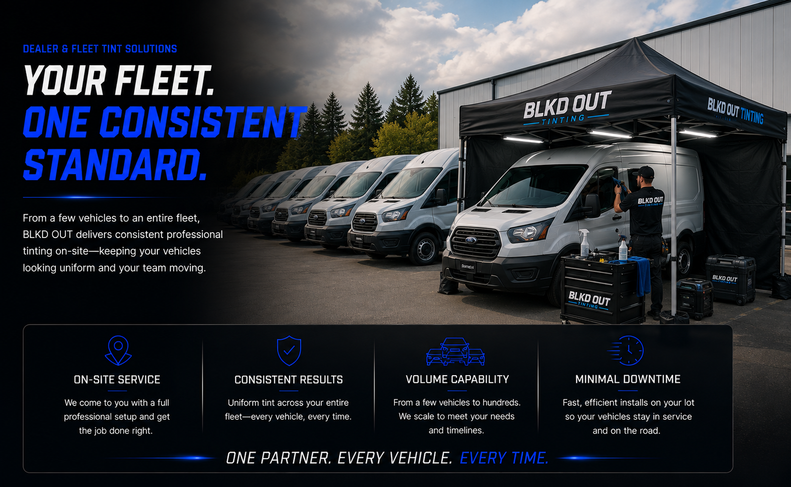 A fleet of white vans parked in a row outdoors under a partly cloudy sky, with a technician working on one van inside a black tent tented with the words BLKD OUT TINTING. Text overlays advertise vehicle tinting solutions emphasizing consistency and professionalism.