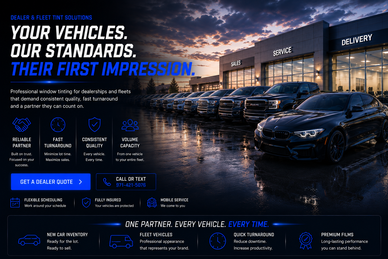 An advertisement for a vehicle dealership and tinting services, featuring a lineup of new trucks and cars parked outside a dealership building at sunset, with text highlighting their services, benefits, and contact information.