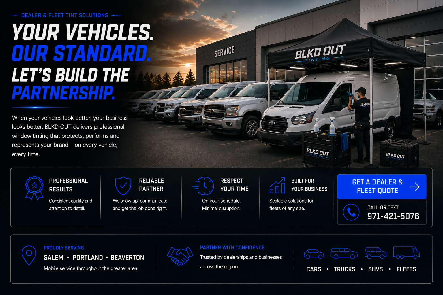 A dealership lot with multiple silver and dark-colored vans parked in front of a service center. A technician is working on a white van under a black tent labeled 'BLKD OUT TINTING'. The sky is at sunset with clouds and the scene promotes vehicle tinting services.