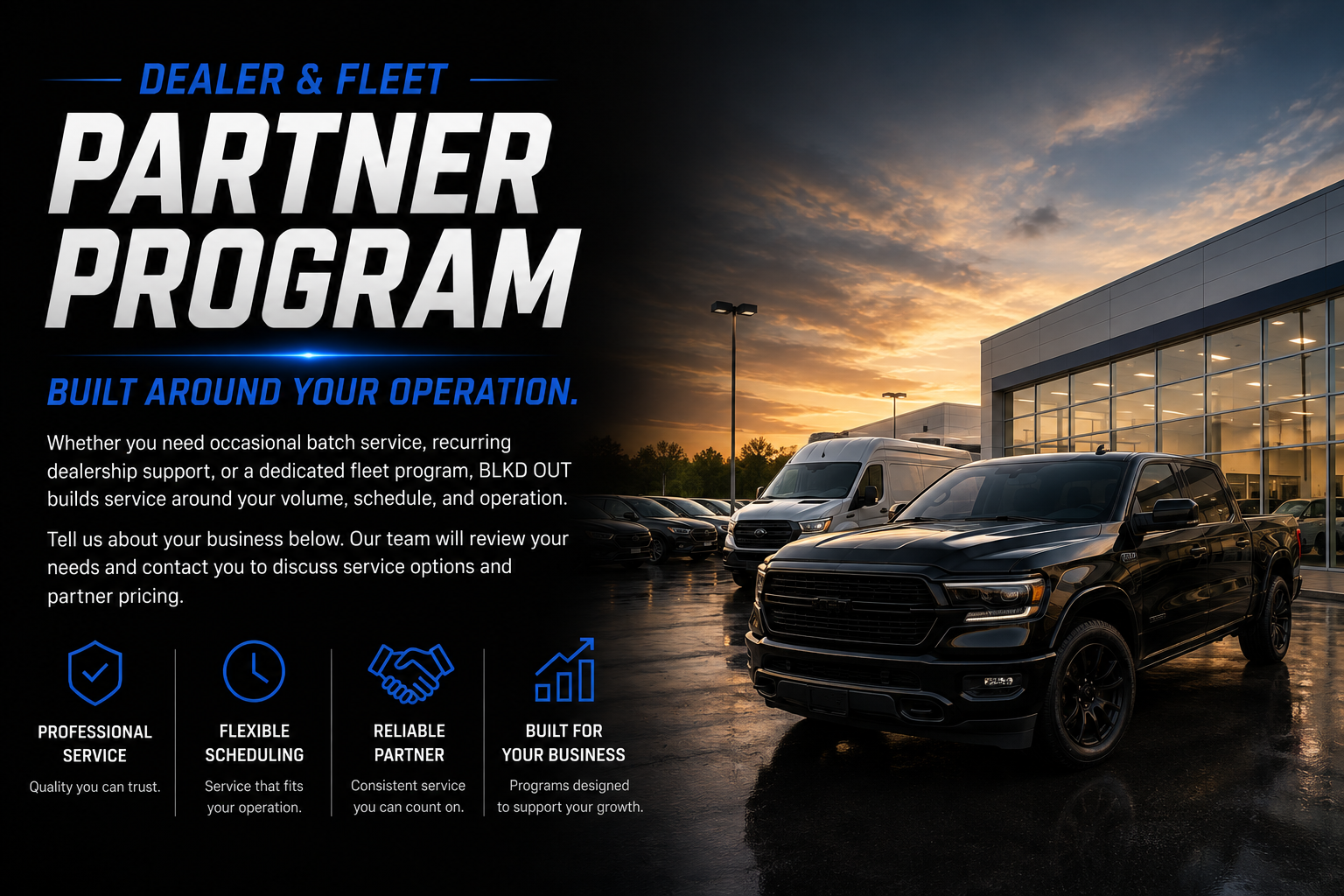 A promotional image of a car dealership at sunset with a black pickup truck in the foreground and multiple cars and a service building in the background, advertising a dealer and fleet partner program.