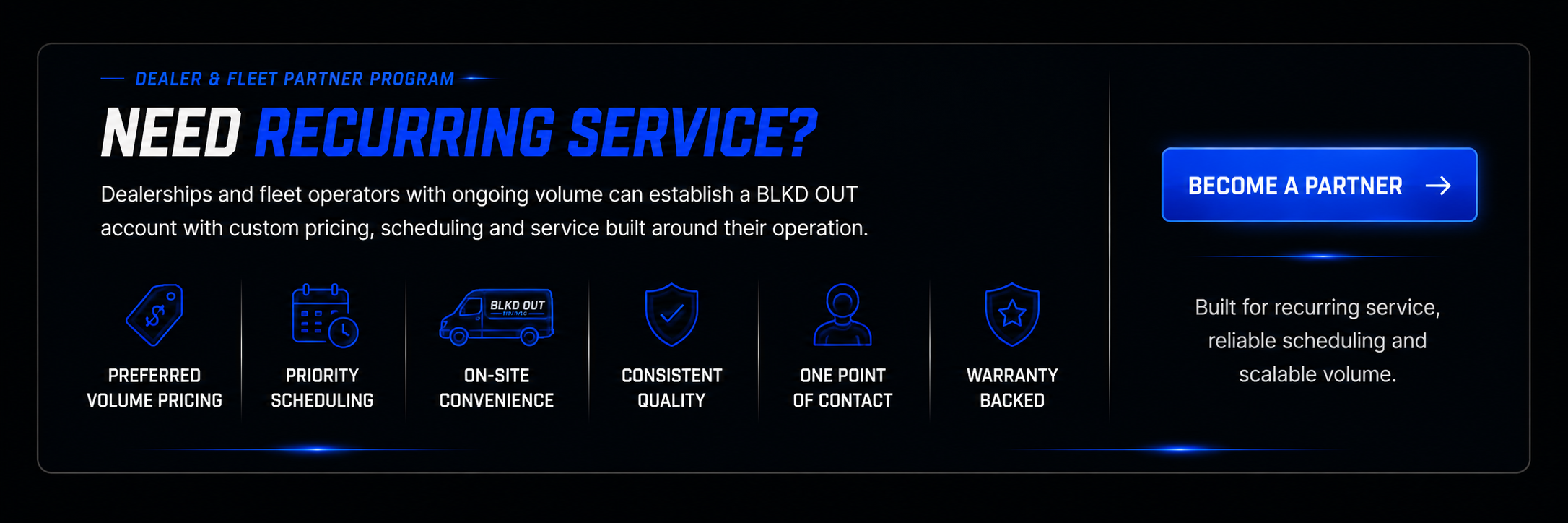 Digital advertisement for dealer and fleet partner program offering recurring vehicle maintenance services, featuring icons for preferred volume pricing, priority scheduling, on-site convenience, consistent quality, one point of contact, and warranty backed, with a blue 'Become a Partner' call-to-action button.