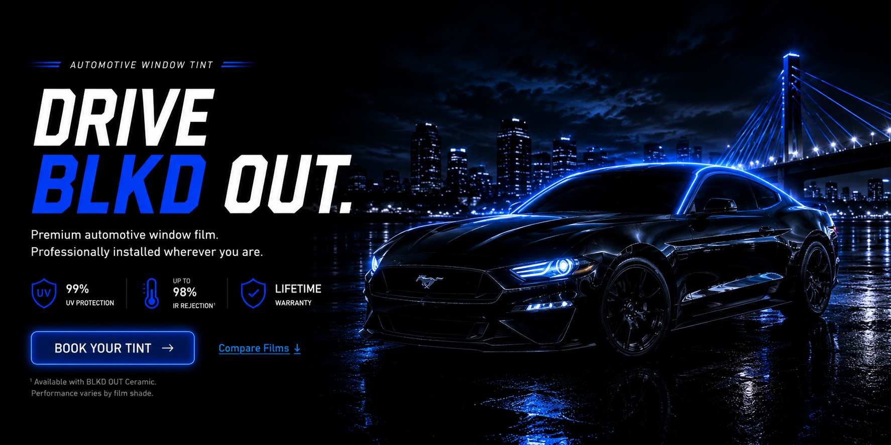 Digital advertisement for automotive window tinting featuring a black car at night near a city skyline with illuminated bridge, highlighting protection and warranty benefits.
