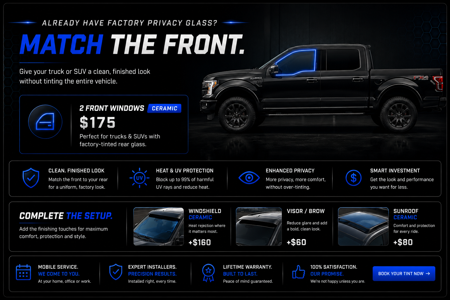 Advertisement for factory privacy tinted glass for trucks and SUVs, featuring a black pickup truck with a blue outline of the tinted window. Offers options like front window ceramic tint for $175, and additional features like windshield, visor/brow, and sunroof ceramic tint with prices, along with benefits such as heat and UV protection, enhanced privacy, and a complete setup with professional installation and lifetime warranty.