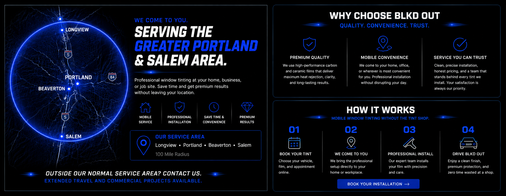 A digital graphic advertisement for a window tinting service with a dark background, blue neon accents, and white text. It features a map of the Portland and Salem area, highlighting cities like Portland, Beaverton, and Salem, with I-5 and I-84 highways. The left side has service highlights such as mobile service, professional installation, convenience, and premium results. The right side explains reasons to choose the service, including quality, convenience, and trust, with icons for each. The bottom section describes the process of booking and getting the tinting service, with numbered steps and a call-to-action button labeled 'Book Your Installation'.