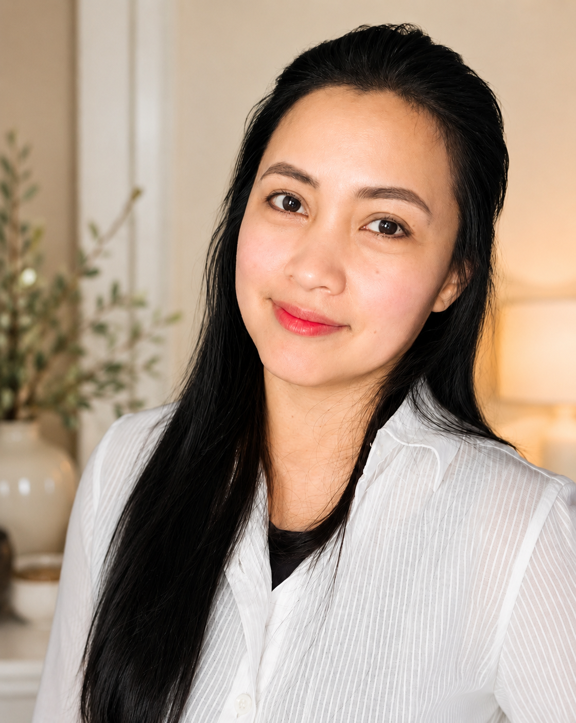 Sandielyn Taylor with long black hair wearing a white shirt, smiling softly indoors with a blurred background of a lamp and plant.