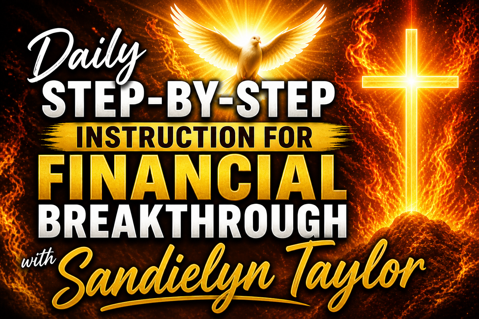 A promotional graphic with a glowing cross on a rocky mound, surrounded by fiery orange flames and lightning. A white dove with outstretched wings is at the top center. The text reads "Daily Step-by-Step Instruction for Financial Breakthrough with Sandielyn Taylor."