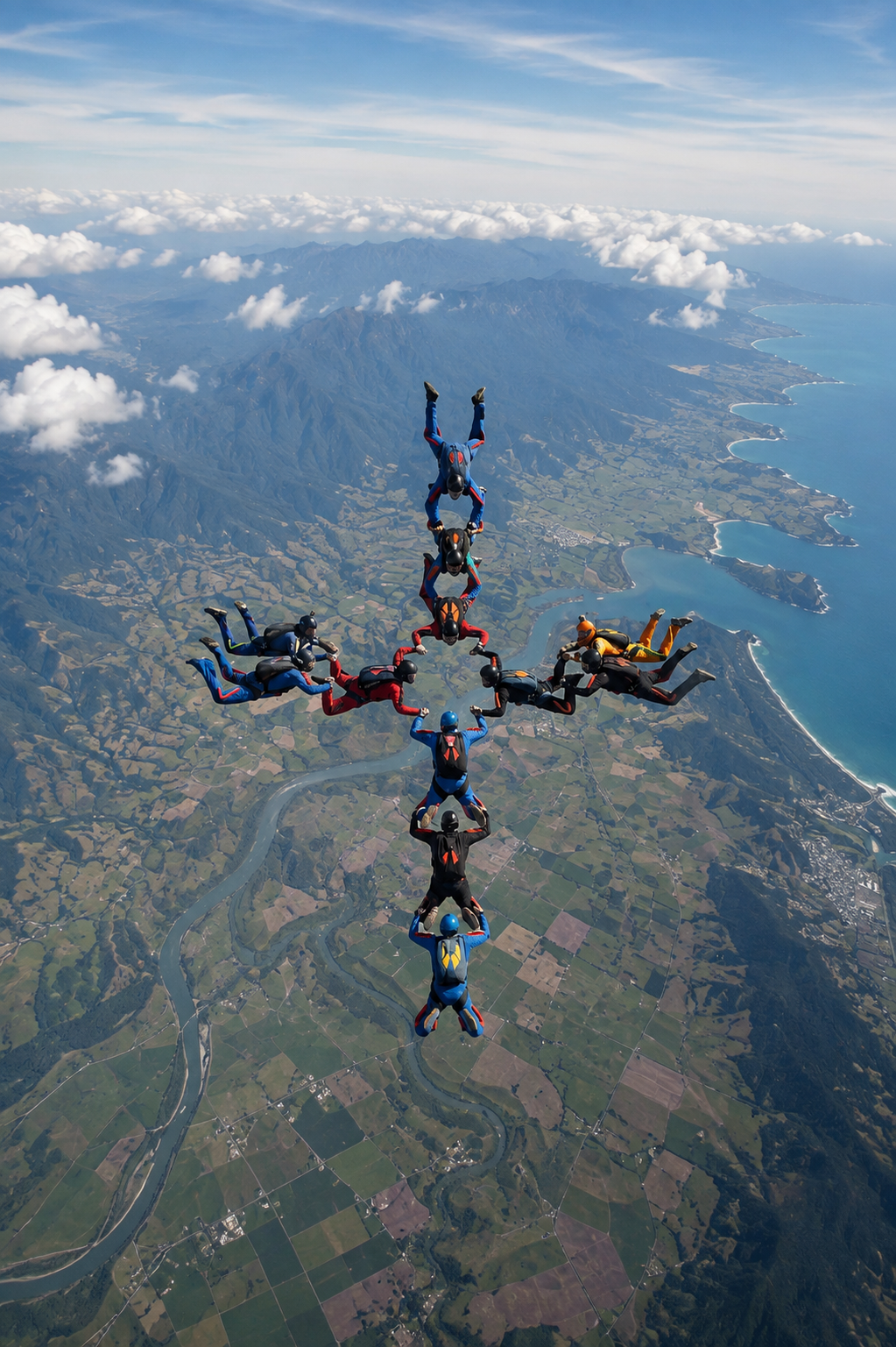 Group of skydivers forming a star shape mid-air over a landscape of mountains, rivers, and the coast.