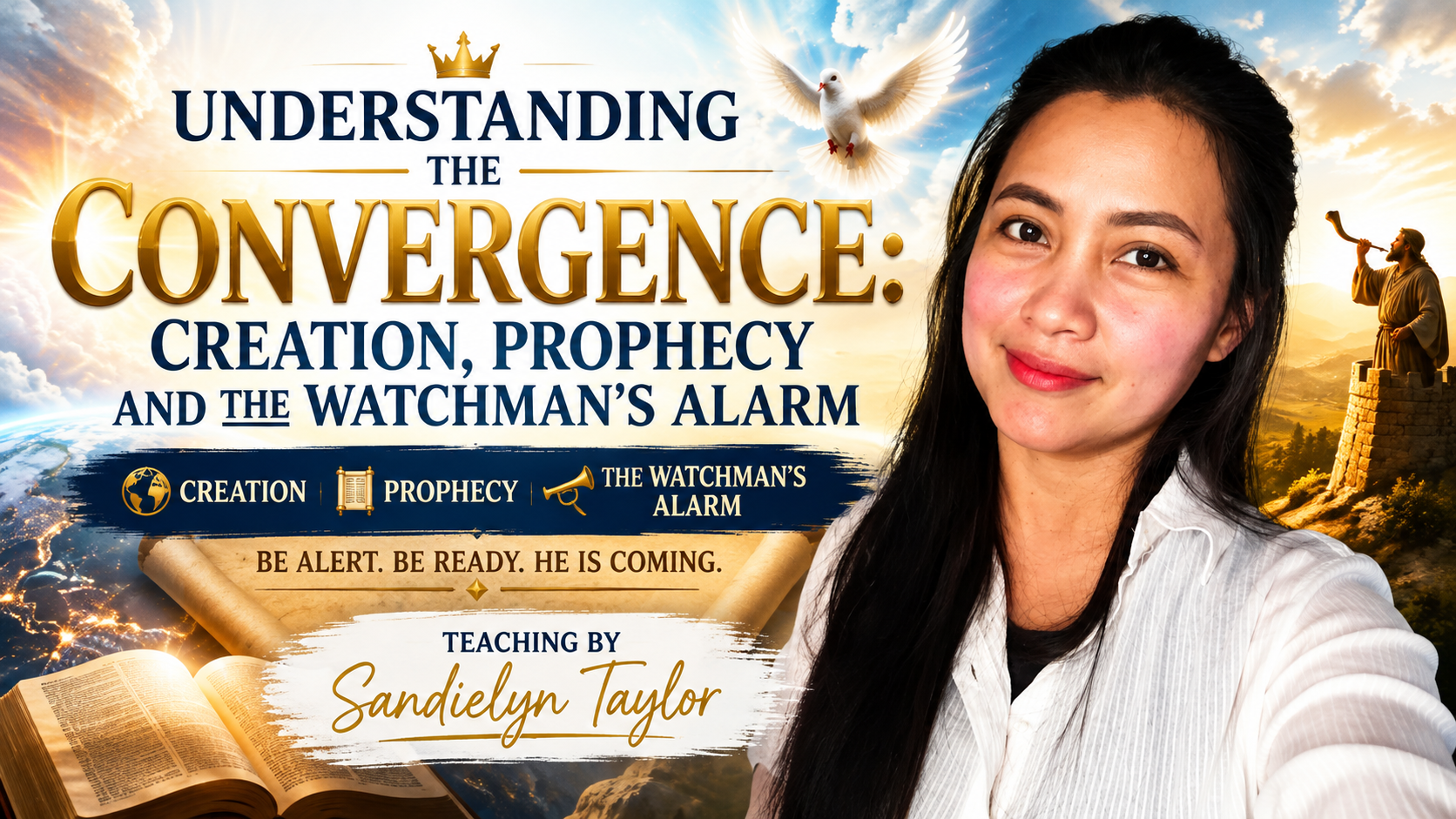 Promotional graphic for a teaching presentation titled "Understanding the Convergence: Creation, Prophecy, and the Watchman's Alarm" by Sandielyn Taylor. The background features a sunrise over mountains, a dove flying, and a person standing on a lookout with a telescope. An open Bible is at the bottom left.