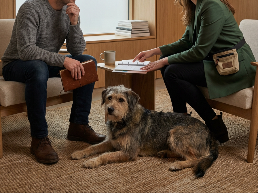 A therapy session in a cozy room with a man and a woman sitting across from each other, a large dog lying on the carpet between them. The woman is reaching for a notebook, and the man holds a closed leather journal, with a coffee mug on the table.