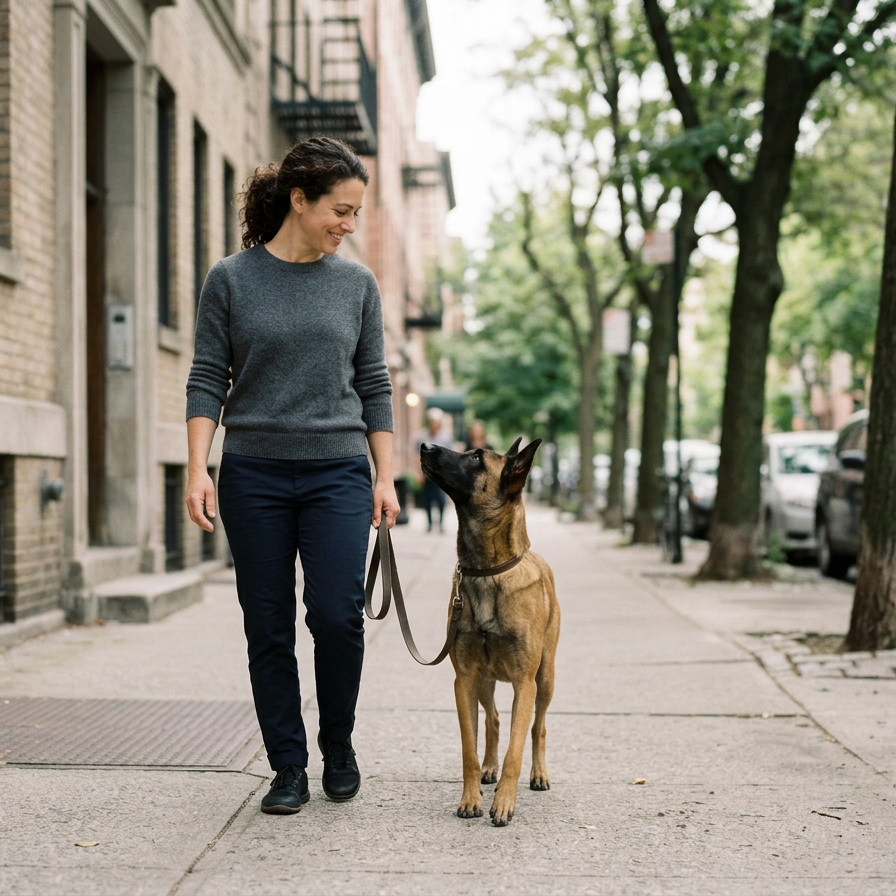 A woman walking a dog on a city sidewalk with trees and buildings in the background.