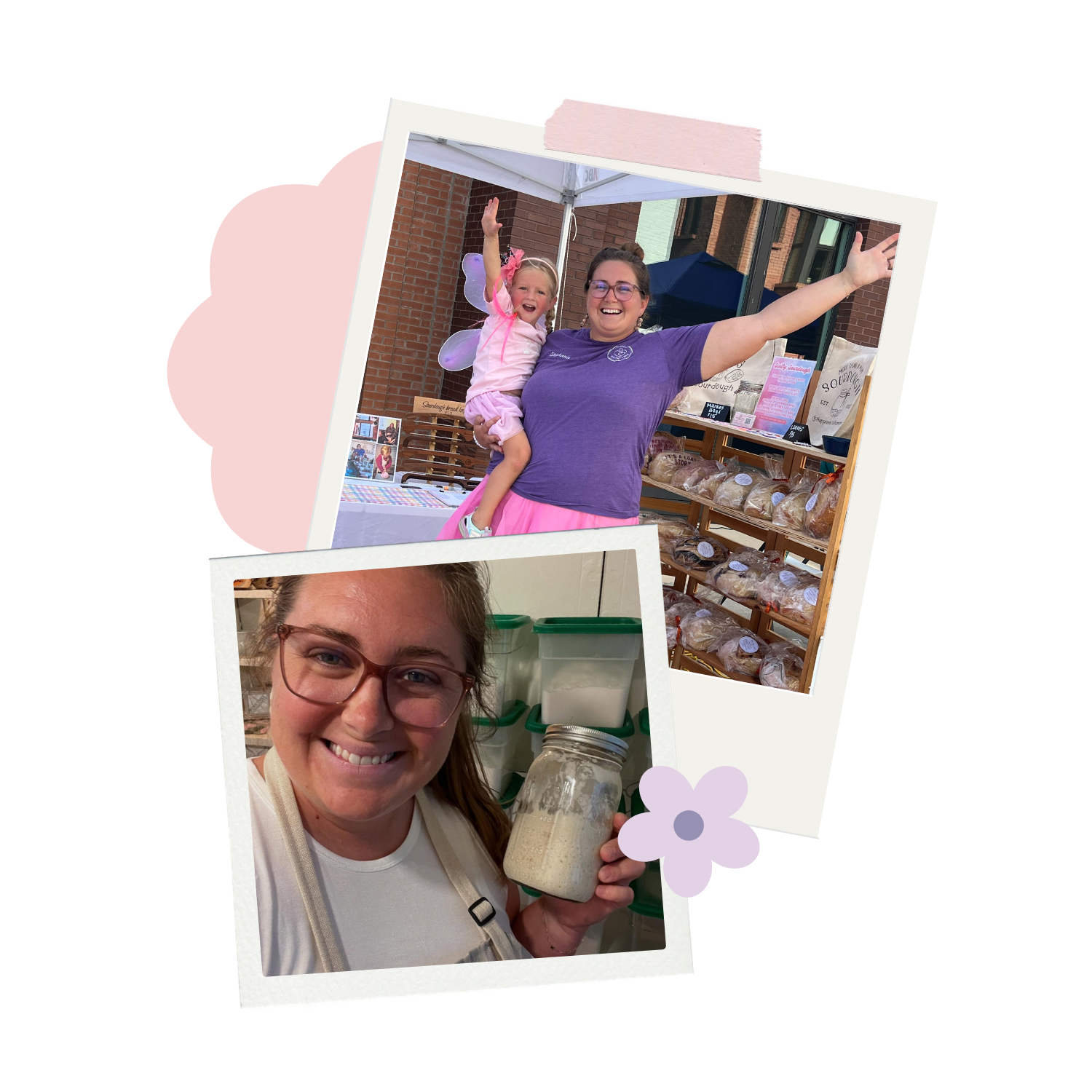 Photo collage of a woman with a child at a market stall and a woman holding a jar of sourdough starter.