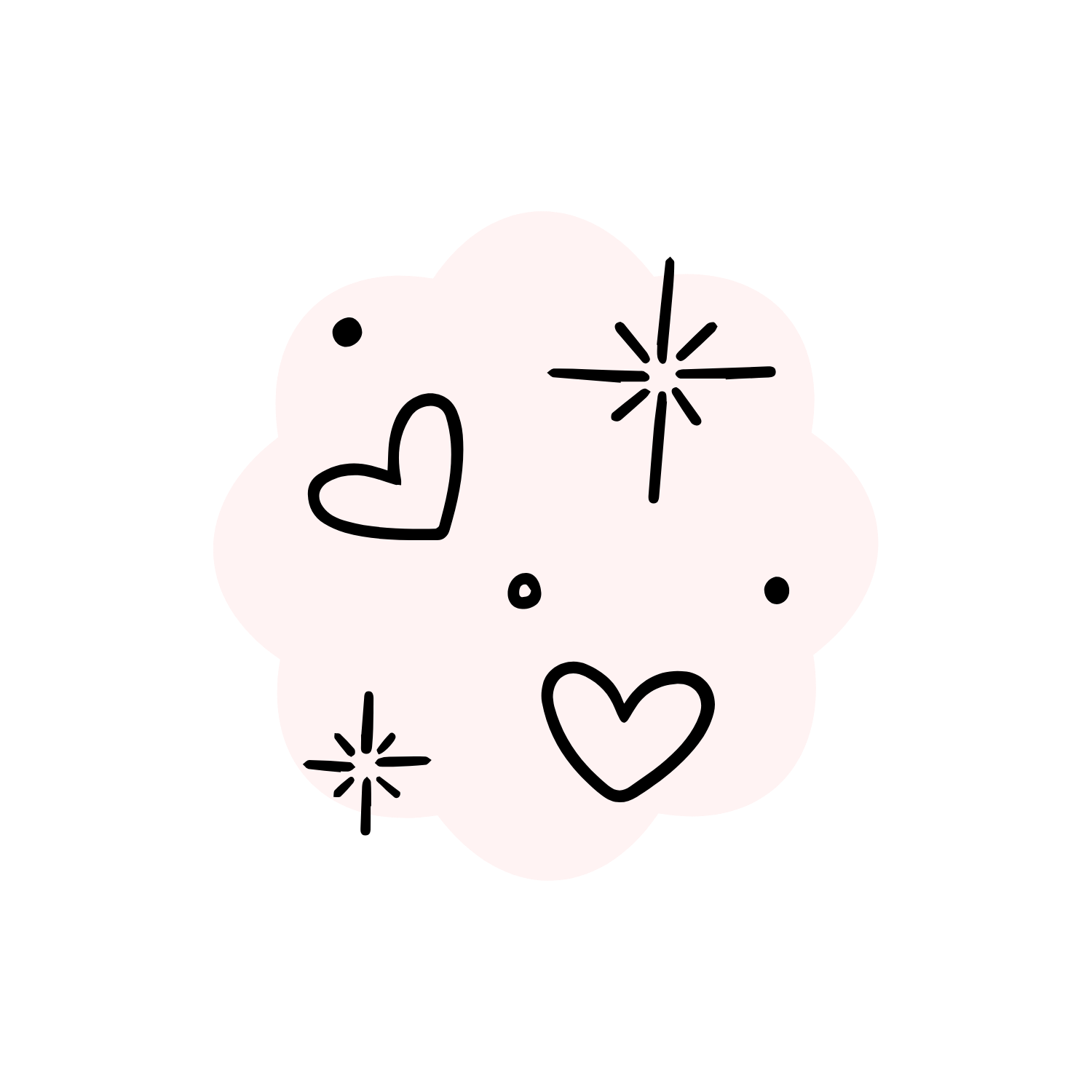 Decorative doodle of a fluffy cloud surrounded by hearts and sparkles.