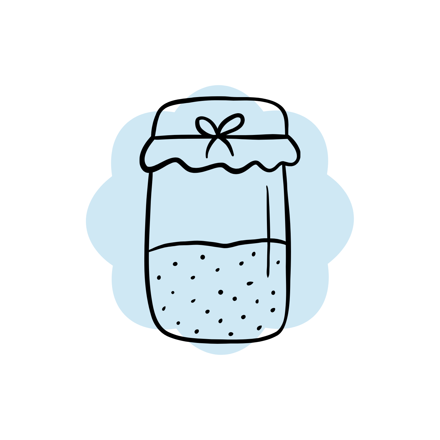 Illustration of a jar filled with layered ingredients and topped with a ribbon.