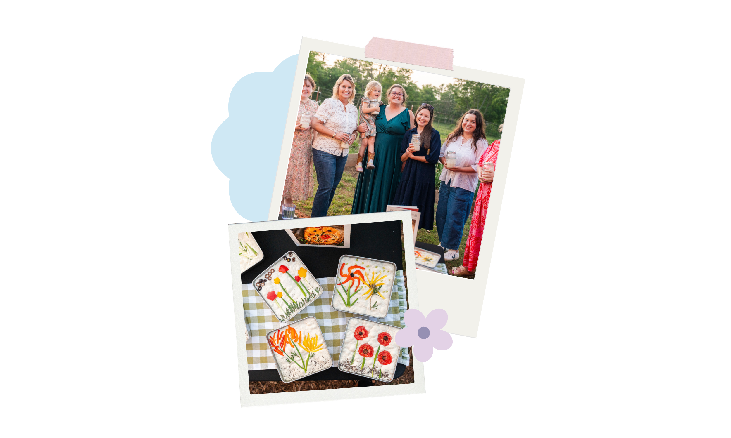 Women and children gather outdoors with jars of sourdough starter and focaccia bread.