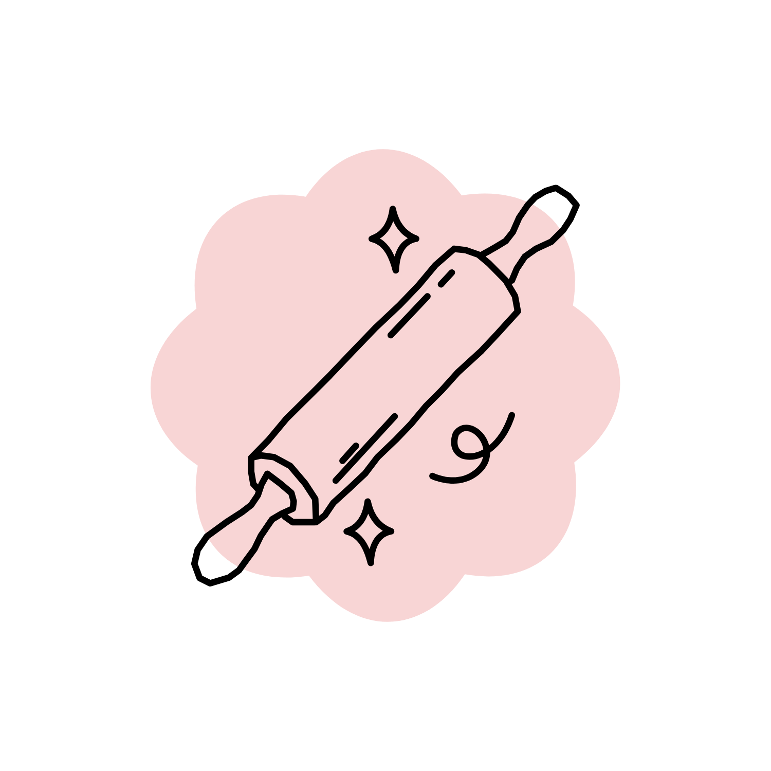 Illustration of a rolling pin with sparkles against a pink background.