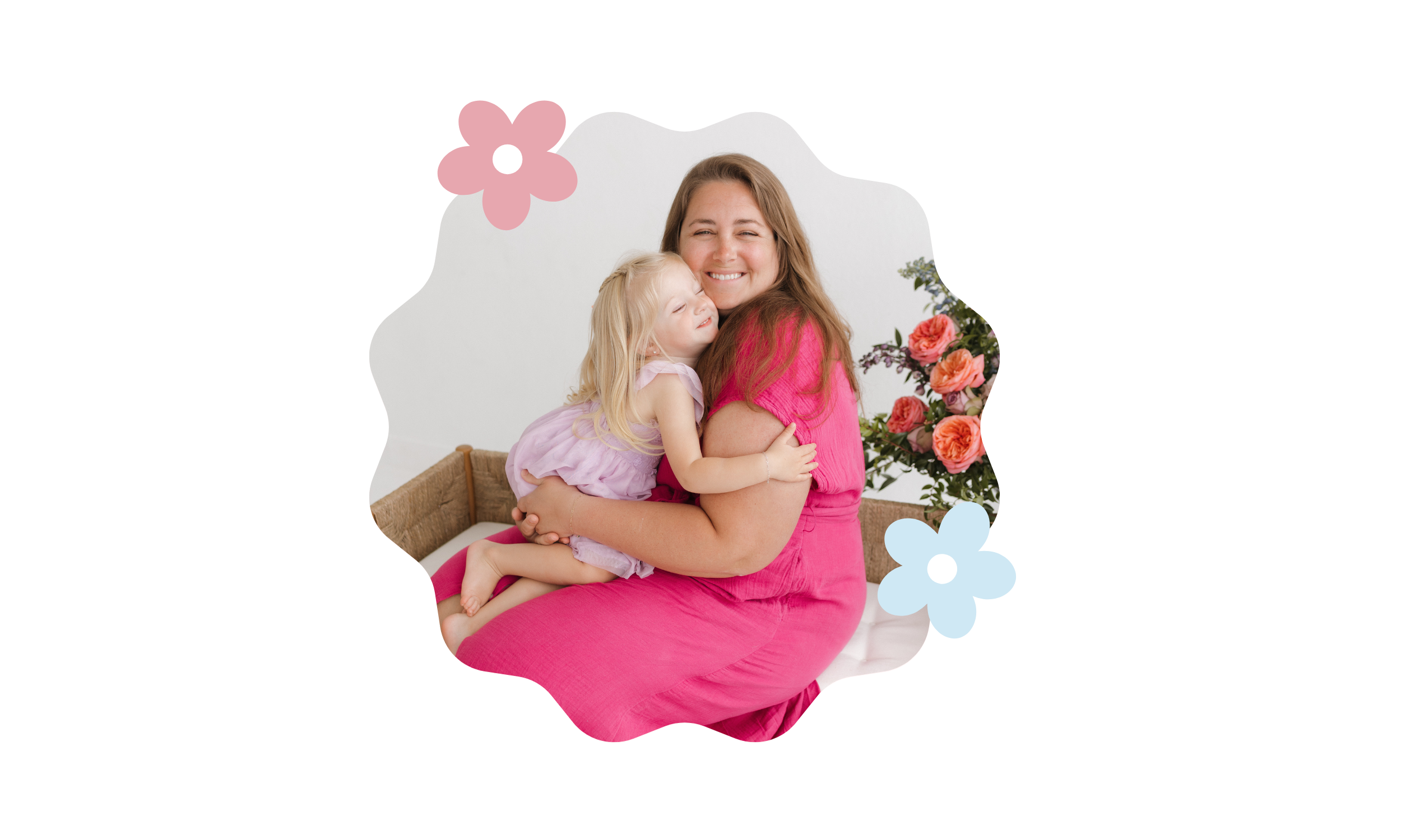 A woman hugs a young girl in a family photo.