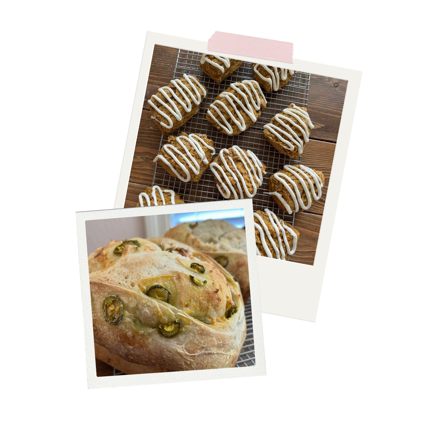 Photo collage of iced pumpkin bread loaves and a round loaf topped with jalapenos.