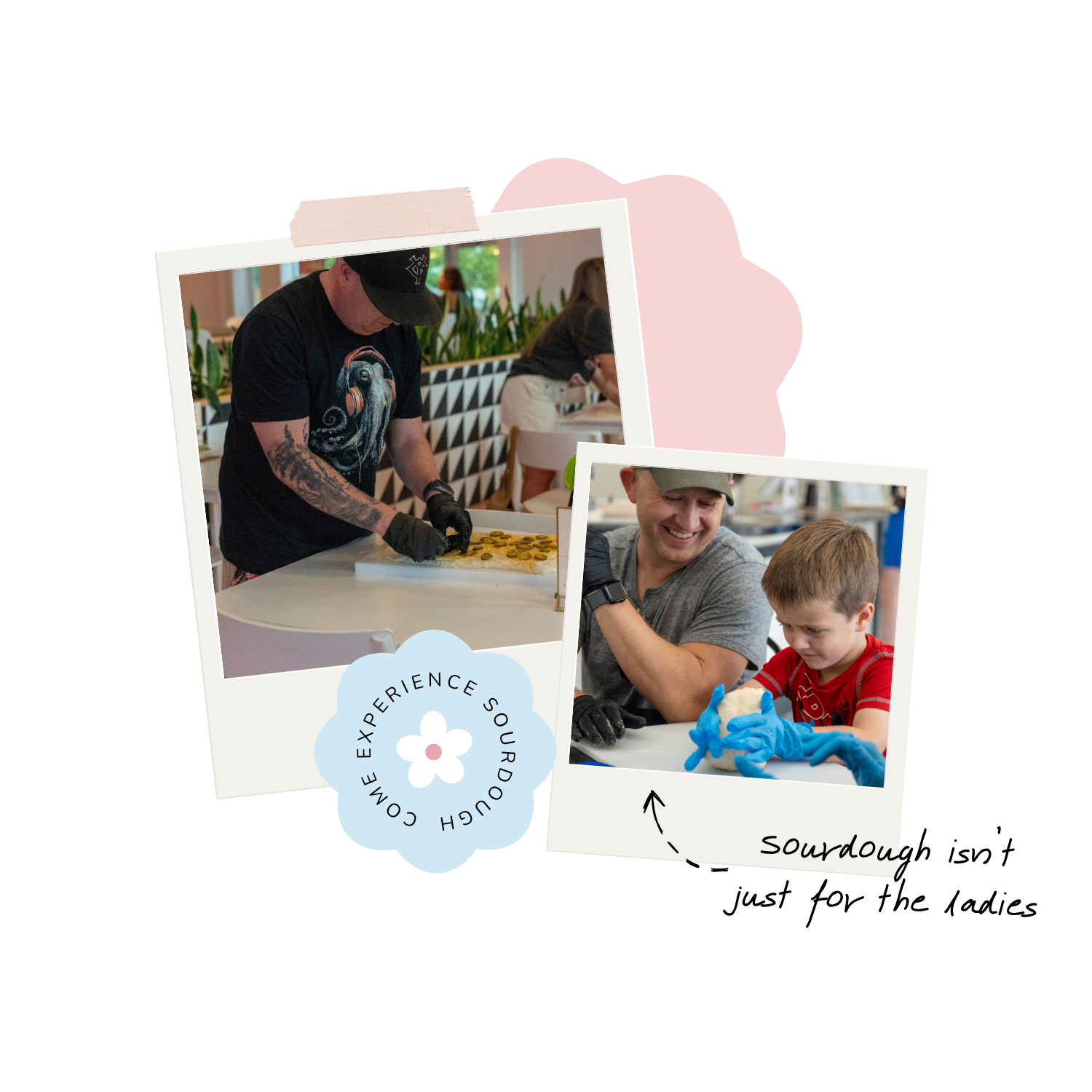 Photo collage of a man making sourdough and a man and child working with dough at a table.