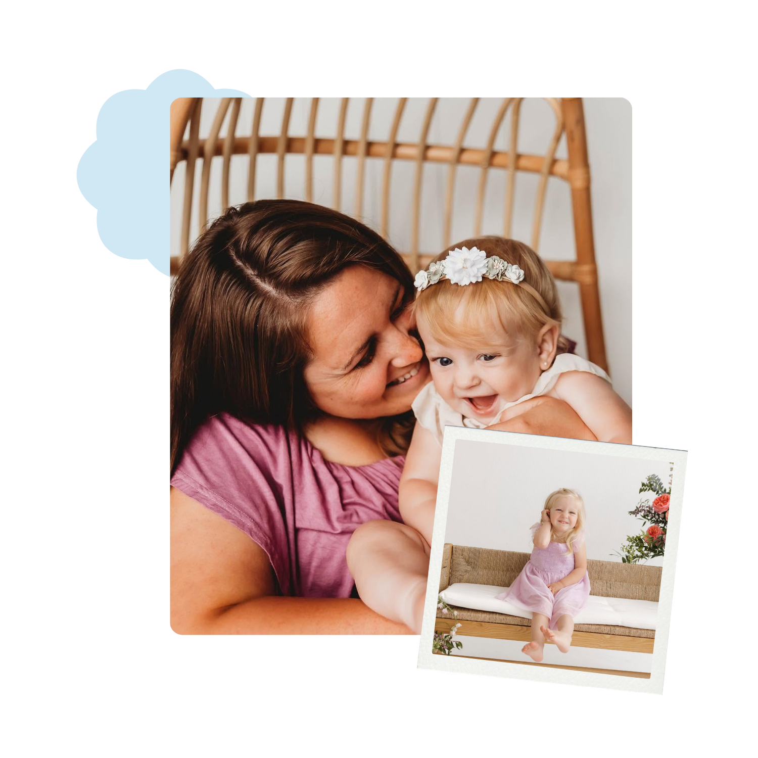 A woman holds a young girl in a floral headband in a family photo collage.