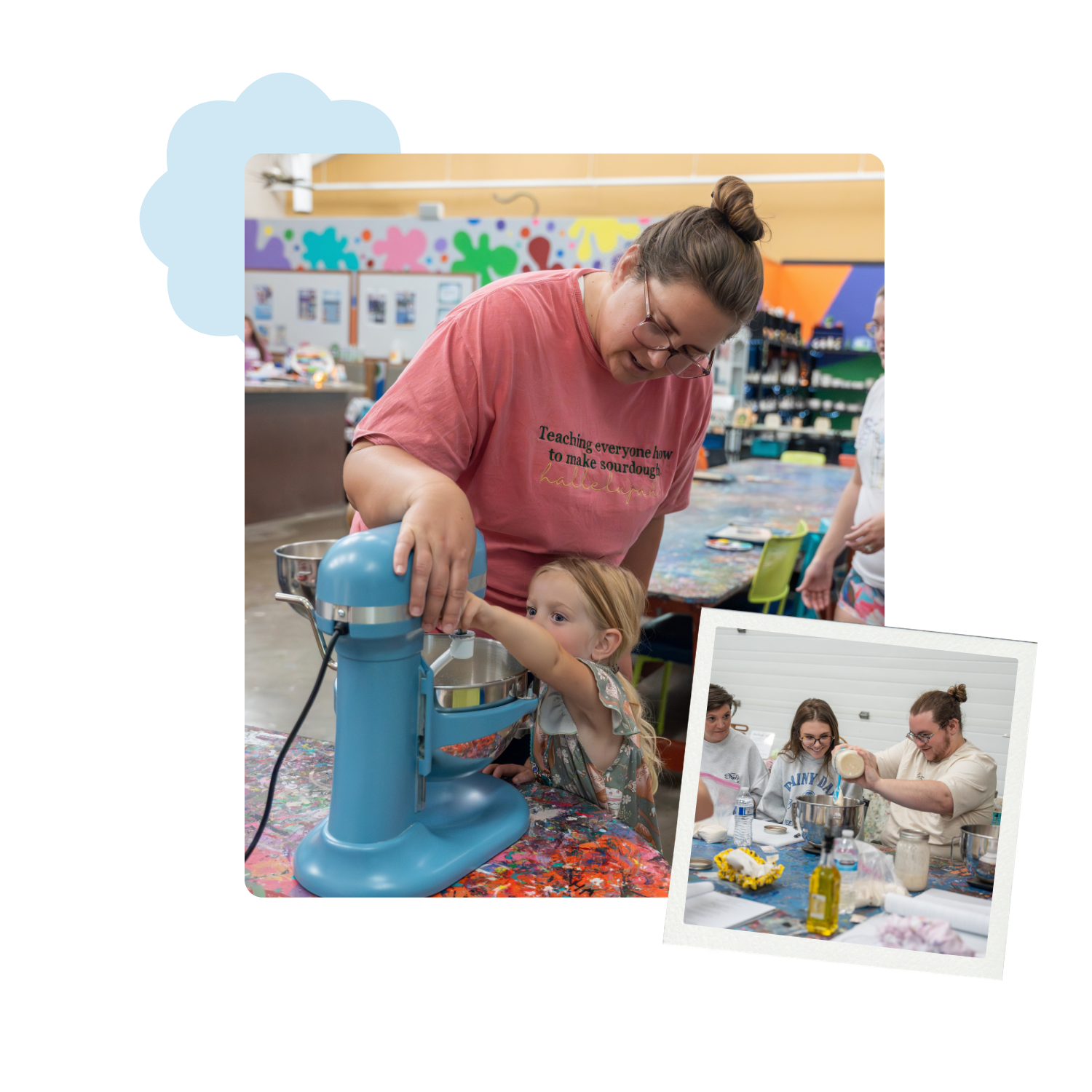 A woman and young girl use a stand mixer during a sourdough baking activity.