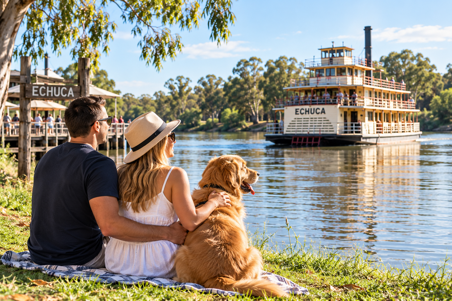 A couple with their dog sitting on a blanket by a river, watching a large paddle wheel boat named Echuca pass by on the water.